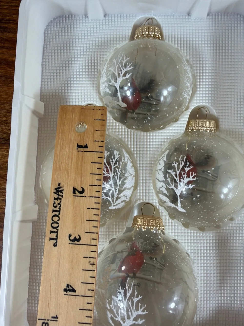 Clear Glass Holiday Ornaments with Red Cardinal and White Tree – Set of 4